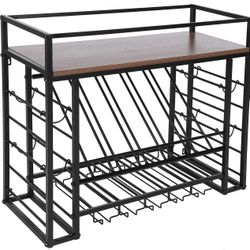  Industrial Wine Rack Wall Mounted, Wood and Metal Wall Hanging Wine Bottle Holder Storage Rack Organizer with Storage Shelf for Home Kitchen Bar Dini