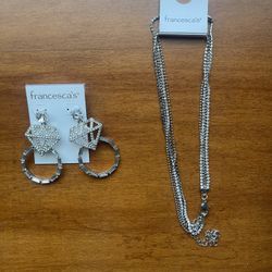 Francesca’s Jewelry Set Of Silver With Diamond  Earrings And Necklace 