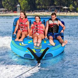 3 Person Inflatable Towable Tube for Boating, Waterskiing with EVA Foam Seat Pad