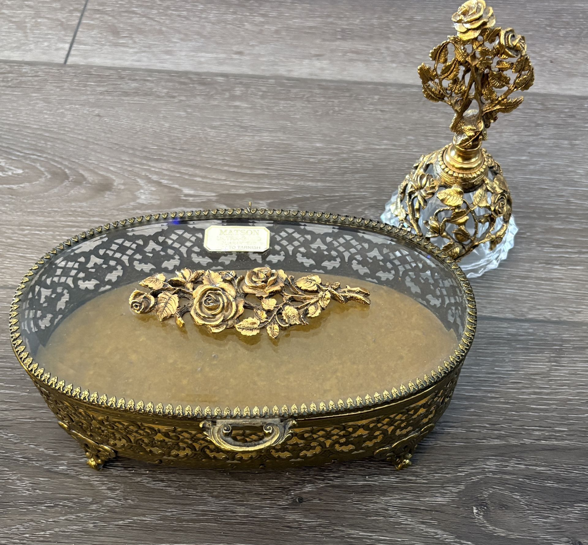 VTG Ultra Gold Maston Ormolu Filigree Oval Casket Jewelry Box & Perfume Bottle