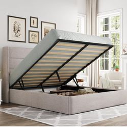 Queen bed Lift Up Storage Bed, Modern Wingback Headboard, Hydraulic Support, No Box Spring Needed, Light Beige