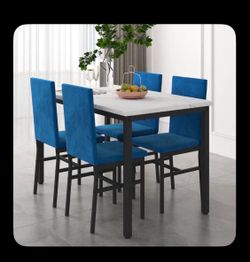Dining Table Set with 4 Blue Chairs