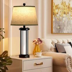 26.3 in. Black Modern Metal Integrated LED Fabric Lampshade Table lamp with Dual USB Charging Ports (Bulbs Included)