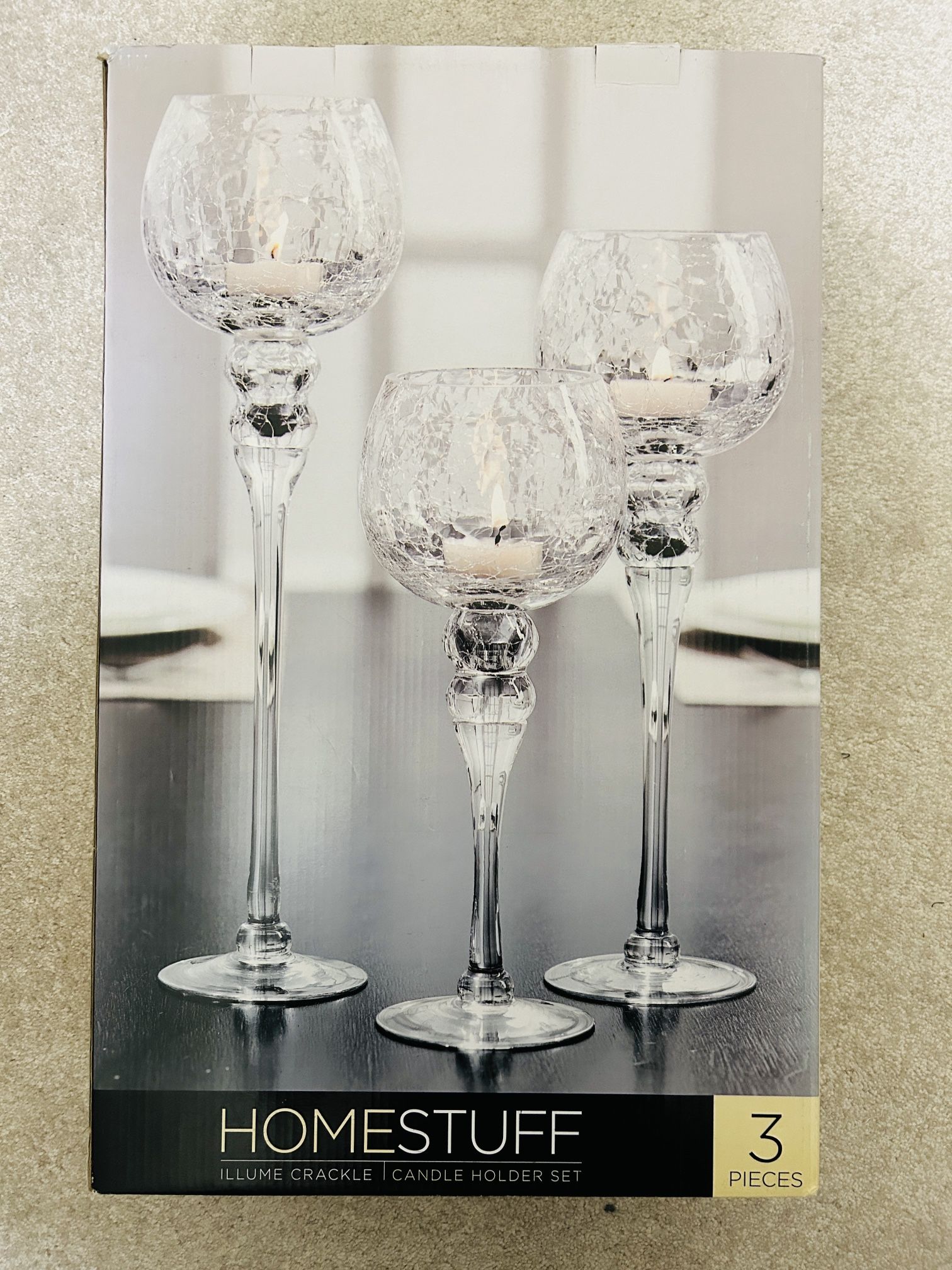 Crackle Glass Stem Candle Holder (Candle Holder Centerpieces) - Set of 3