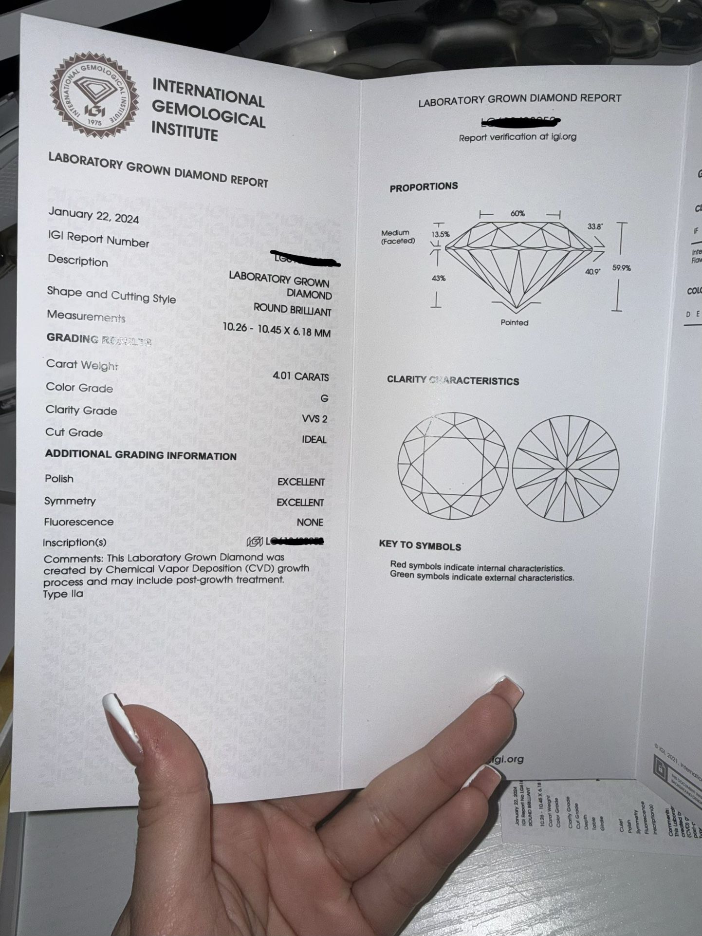 Igi Certified Round Cut 4.01ct Vvs2 Lab Diamond