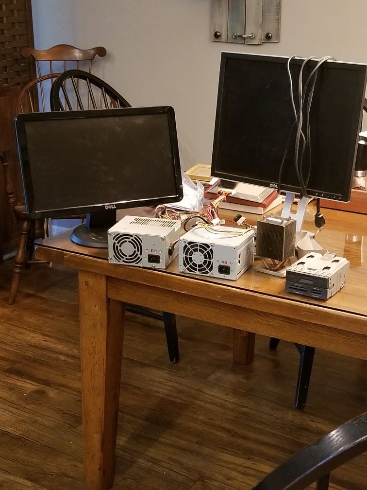 Computer monitors, plus box of parts