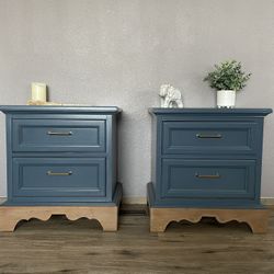 Pair of Thomasville Nightstands - Compass Blue & Natural Wood