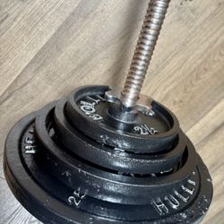 Gently Used 5 ft Standard Bar With Pairs Of 25s, 10s And 5s. (Total: 102 lbs)