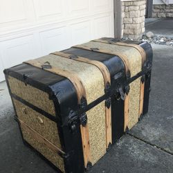 Gorgeous Antique Black and Gold Steamer Trunk - 35” x 24” x 19”