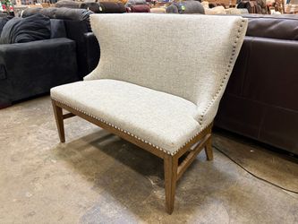 HOME MERIDIAN Heathered Light Grey Wingback Armless Settee with Nailhead Trim and Rustic Wooden Base