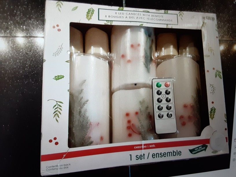 8 Led Candles Holly Set, Remote, Christmas Holiday