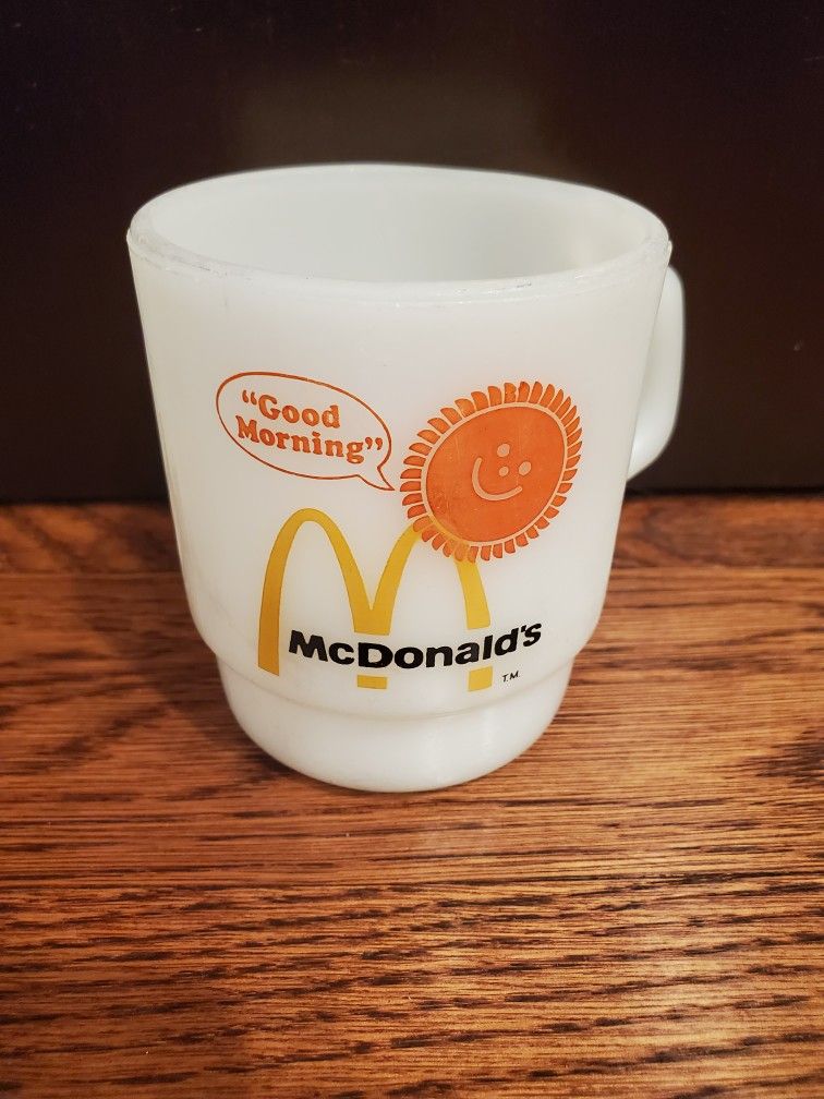 McDonalds Good Morning Sunshine Fire-King coffee mug milk glass Anchor Hocking vintage collectible
