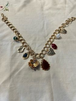 Time and Tru Gold Tone Charm Statement Necklace with Faux Gemstones & Pearl
