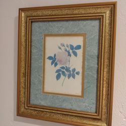 Vintage Set of 2 Flower Prints in Ornate Gold Wood Frames