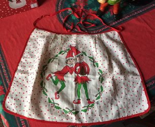 One of a Kind Vintage MCM Era Cloth Christmas Elves Apron