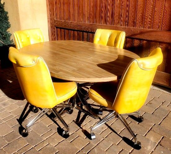 Vintage 1970's Chrome Kitchen Table W/ 4 Yellow Chairs & Leaf Contemporary 70's