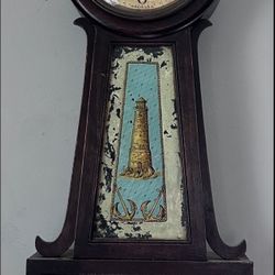 ANTIQUE SESSIONS REVERSE PAINTED LIGHTHOUSE BANJO CLOCK WITH KEY