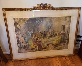 Antique Hand Colored French Dinner Scene Lithograph. Beautiful Frame. 37”x30”
