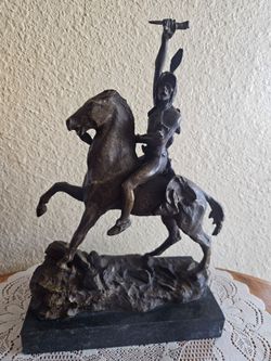 Solid Bronze Remington Sculpture Native American Warrior on Horseback Sculpture