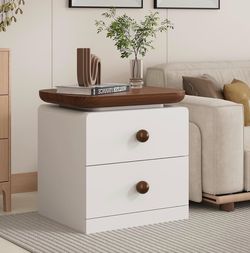 White & Walnut Brown 2 Drawers Nightstand