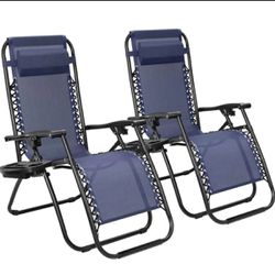 Set of 2 Relaxing Recliners Patio Chairs Adjustable Steel Mesh Zero Gravity Lounge Chair Beach Chairs with Pillow and Cup Holder (Blue)