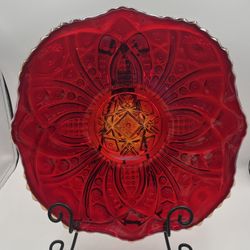 Vintage Red Iridescent Carnival Glass Cake Plate Large Starburst Floral Pattern