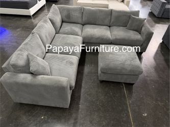 New! Plush Sectional Sofa And Ottoman, Corduroy Sectional, Sofa, Couch, Gray Sectional, Grey Couch, Light Gray Couch, Sectionals, Sofas,L-Shaped Couch