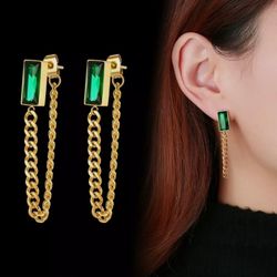Gold Plated Stud Earrings With Dangling Chain Lock And Green Color CZ For Women