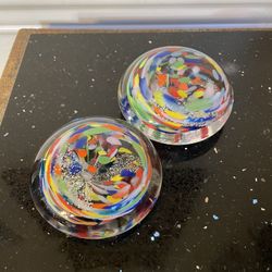 Set of 2 Vintage Italian Art Glass Multi Colored Swirled Design Paperweight 
