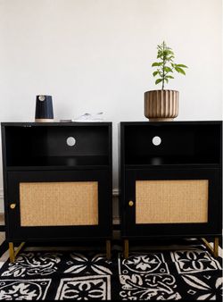 Set of 2 Black Cane Nightstands – Gold Hardware