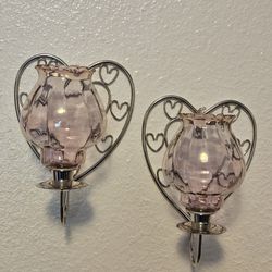 80's Vintage Metal Candle Sconce With Rare  Petal Pink Glass Votive
