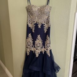 Strapless Navy Blue Prom Dress w/ Gold Lace Accents