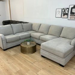Ashley Large Cream 4-Piece Sectional Couch with Nailhead Trim