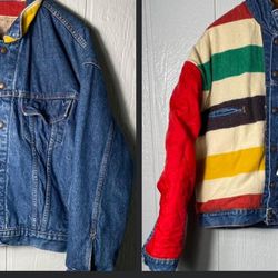 Vintage Levi’s X Hudson Bay Reversible Denim Trucker Jacket Blanket Lined -L