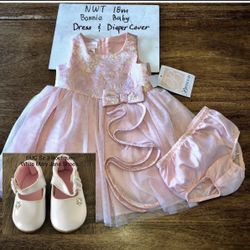 NWT 18 m Bonnie Baby Pink Tulle Dress & EUC Sz 3 Boutique White Mary Jane Shoes Outfit