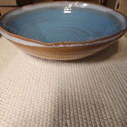 Ceramic Glazed Bowl, 12x3 1/2, New, Giftable, Br Outer With Blue Inner $10.00