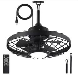 20 in. Outdoor Black Waterproof Caged Ceiling Fan Rope Hook Portable Hanging Ceiling Fan with Light and Remote