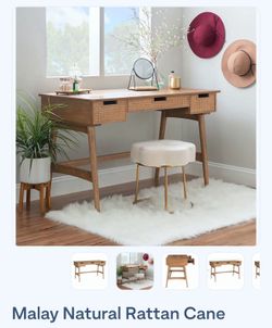 Rattan Wood Desk With Drawers