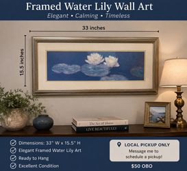 Framed Water Lily Wall Art – 33” x 15.5” – Elegant Home Décor