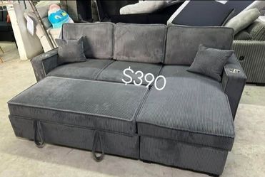 Beautiful‼️ Stylish 2-Pc Corduroy Sectional Sofa With Pullout Bed, Storage, And USB Port