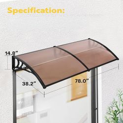 Polycarbonate Window Door Awning Brown 38 Inch x 78 Inch Awnings for Outside Spliced Canopy Brown with Black Bracket