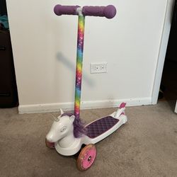 Dimensions Unicorn 3D Scooter with Light Up Wheels, Ages 3+, Max Weight 75lbs, Tilt and Turn Steering, 3-wheel Platform, Foot-Activated Brakes Used 