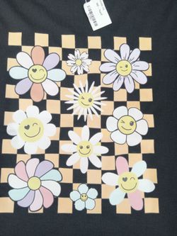 Black Smiley Daisy Checkered Graphic T-Shirt