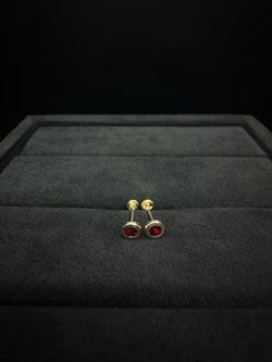 10K Solid Yellow Gold Bezel-Set Red Gemstone Stud Earrings