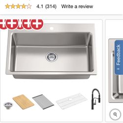 Open box to show, Kohler Provo 33" DualMount Singlebowl Workstation Kitchen Sink Kit, black faucet