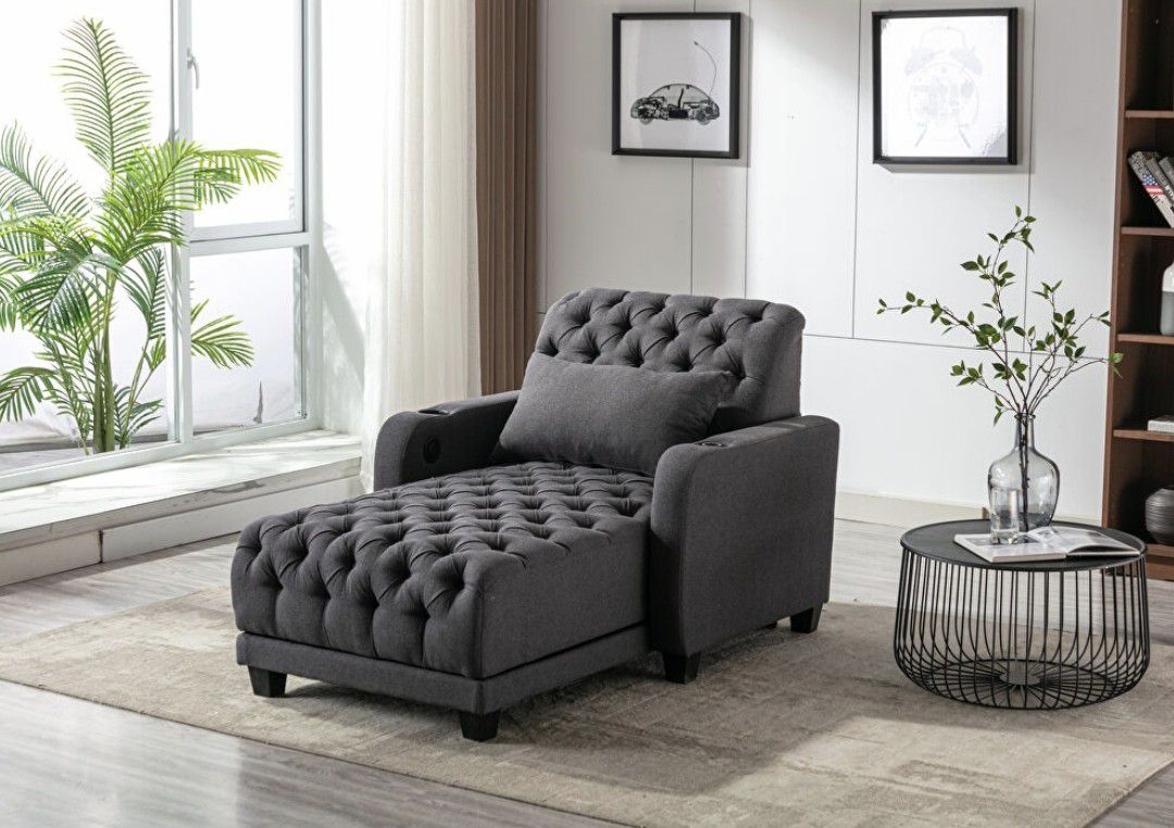 Modern Tufted Dark Gray Fabric Electric Adjustable Sofa Chaise Lounge with Wireless Charging and a Pillow

