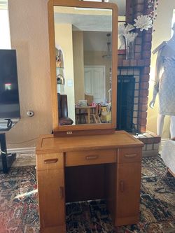 Vintage Small Solid Wood Vanity Dressing Table with Large Mirror & Storage