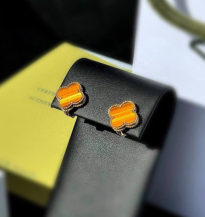 18k yellow gold Van Cleef style Alhambra style Tiger eye stone clover clip back earrings