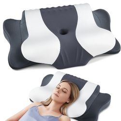 Cervical Neck Pillow for Pain Relief, Orthopedic Contour Neck Pillow with Memory Foam Ergonomic Pillows with Dual Heights for Back, Stomach and Side S