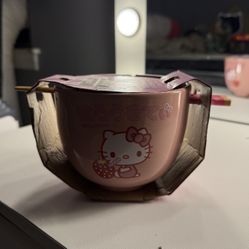 Hello Kitty Ceramic Bowl With Chopsticks 